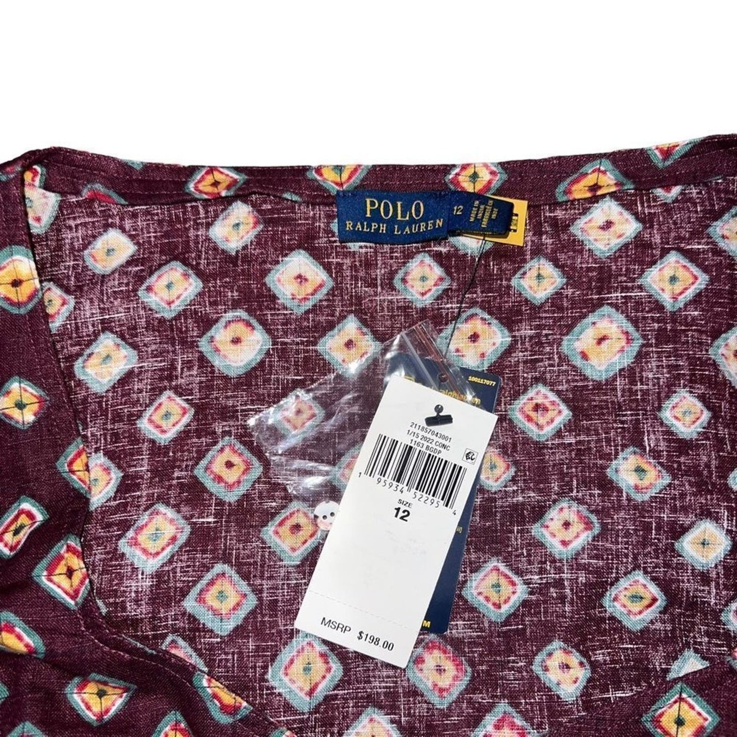Polo Ralph Lauren Block-Print Linen Button-Front Top Size 12