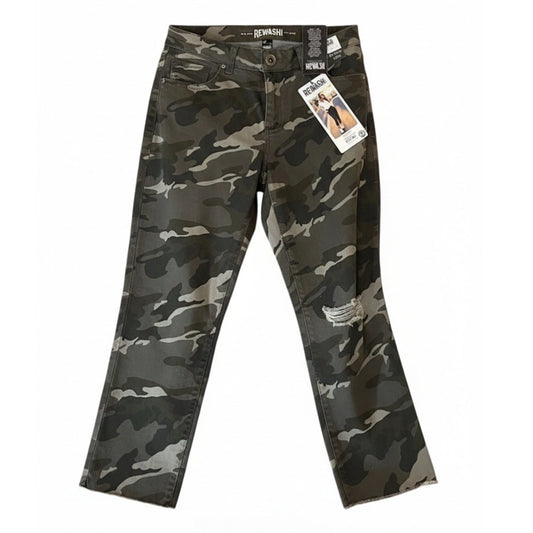 NWT Rewash Jeans Juniors 13/31 Gray Camo Straight Mid Rise Distressed Raw Hem