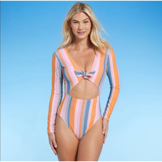 Shade & Shore Women's Size Small One Piece Multicolor Stripe Knot-Front Cut-Out