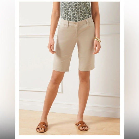 Talbots Bermuda Chino Shorts Womens Size 4 Beige Khaki Stretch Flat Front