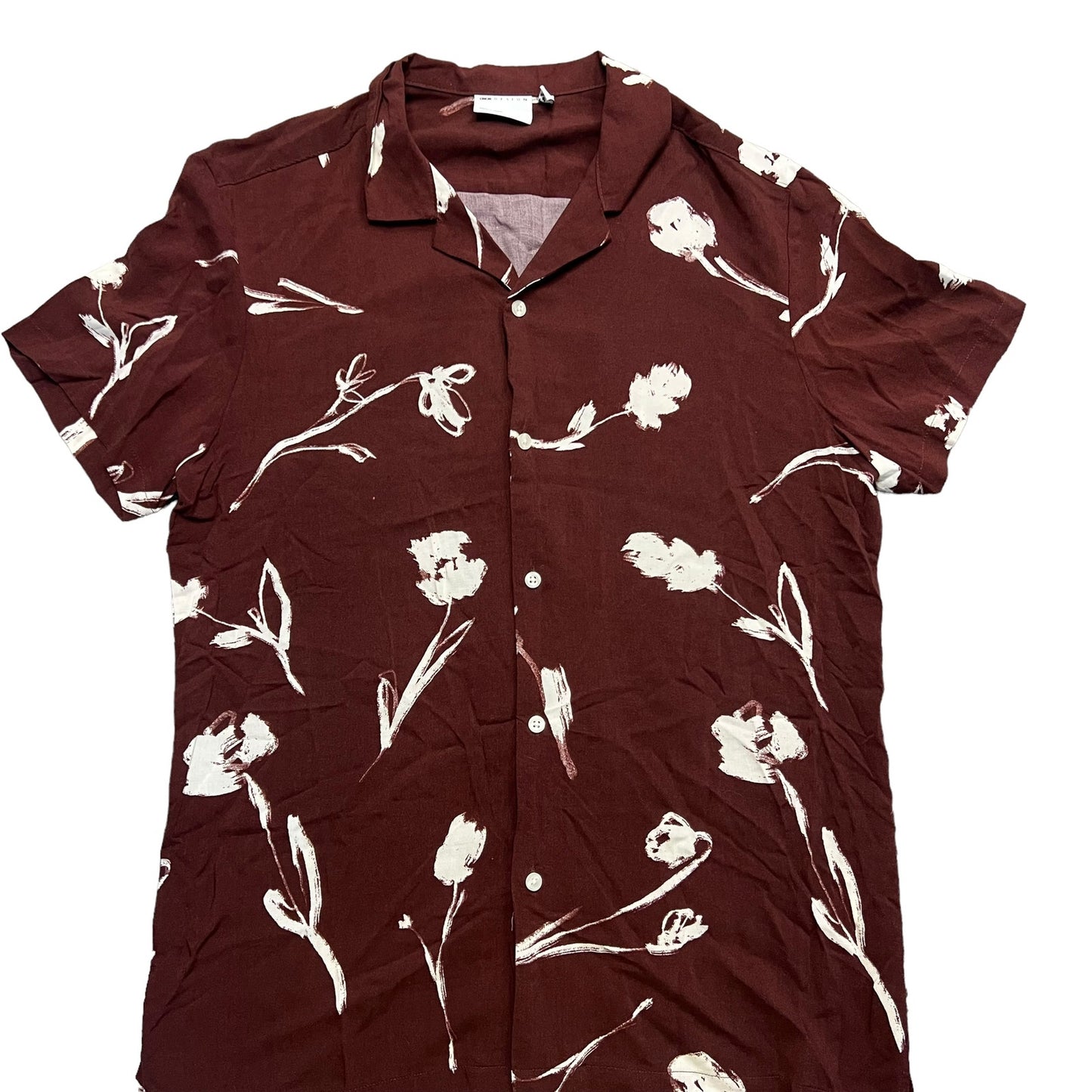 ASOS Design Men's Medium Burgundy Floral Print Revere Short Sleeve Button Down