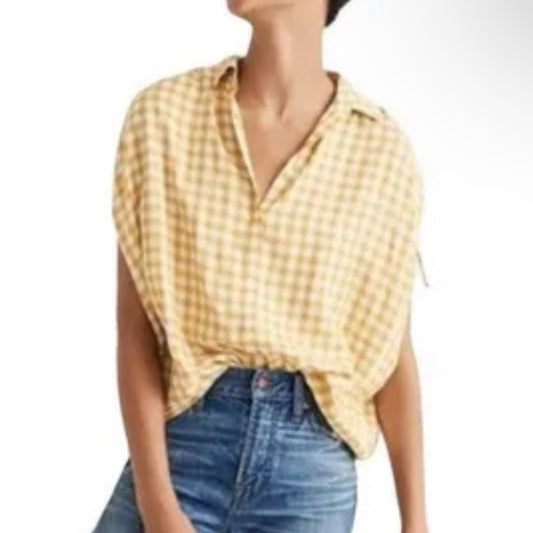 Women's Madewell Yellow Gingham Check Central Ruched Sleeve Shirt Size XS