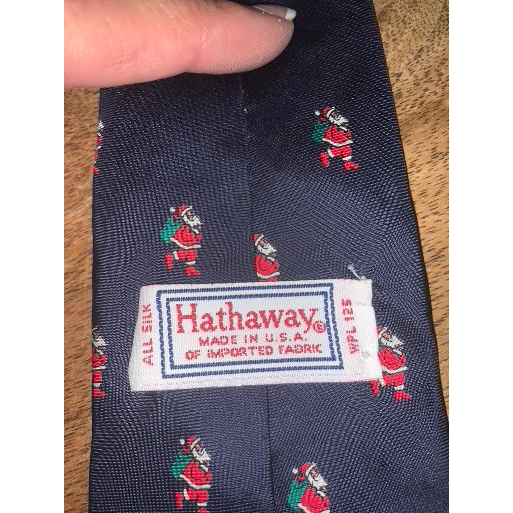 Vintage Hathaway Men's Silk Tie Navy Blue Santa Holiday Print