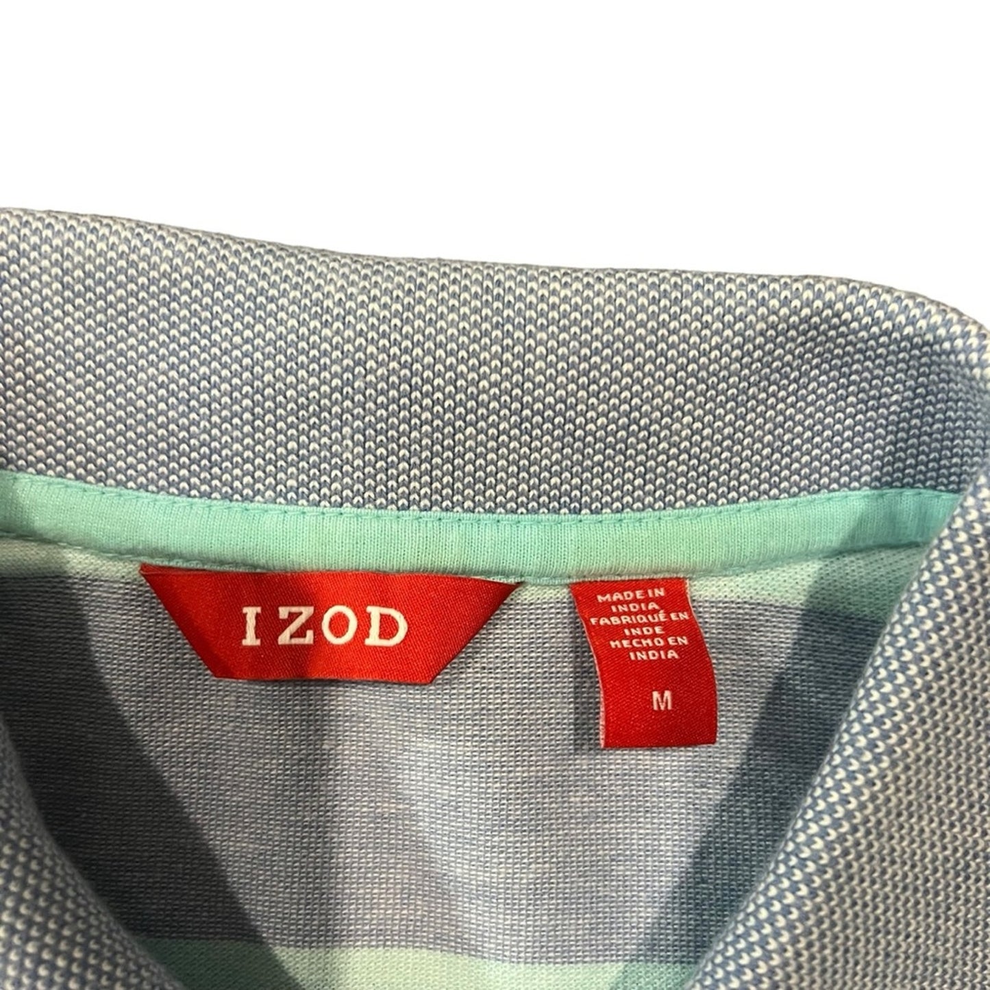 IZOD Polo Shirt Mens Size Medium Gray & Mint Green Striped Short Sleeve Golf