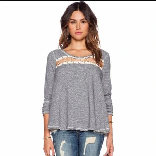 Free People Women's Medium Lacey Love Blue/White Striped Sweater