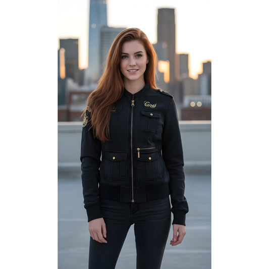 Coogi Women's Black Bomber Jacket Gold Embroidery Size Small Casual Zip-Up