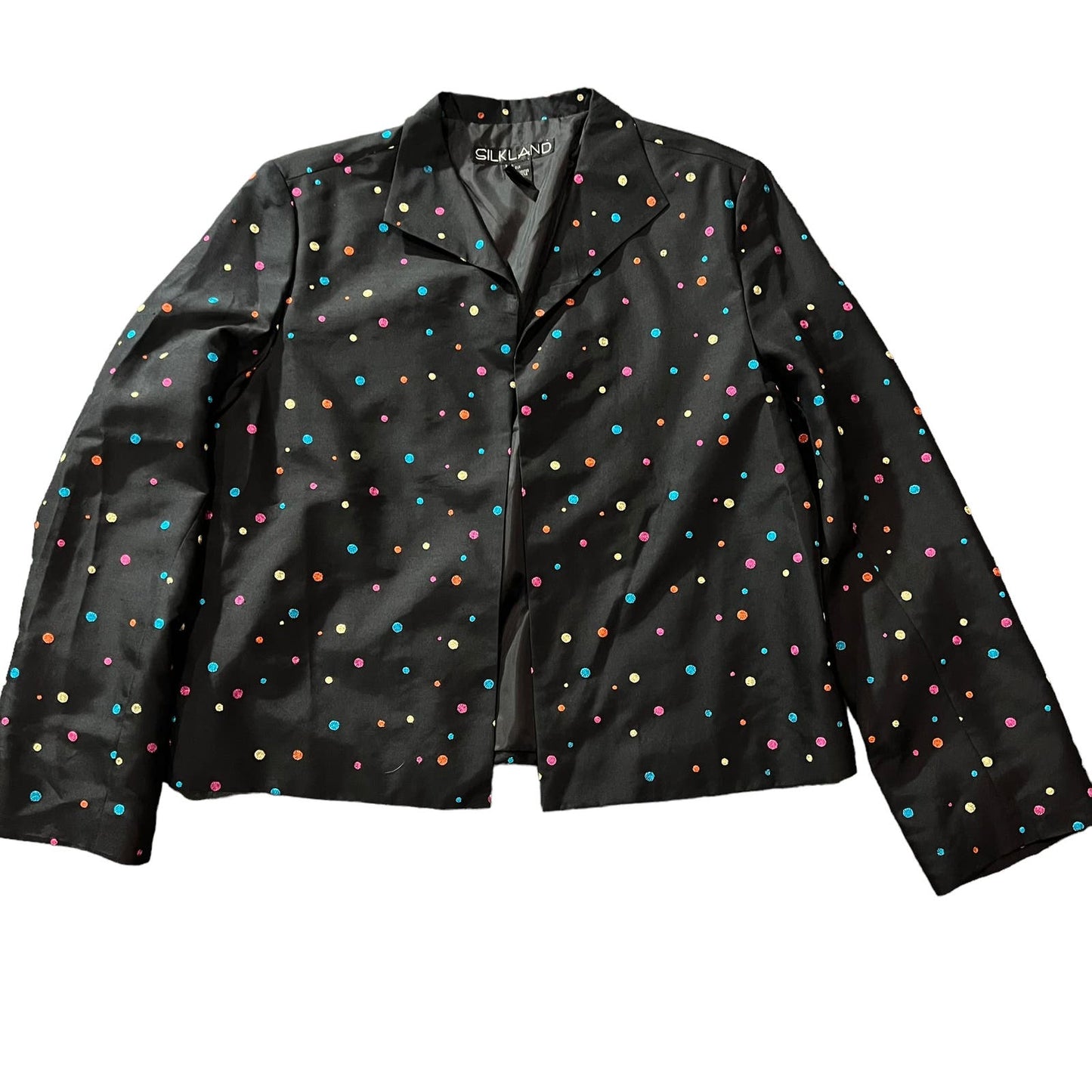 Silkland Women's XL Black Multicolor Polka Dot Silk Blazer Jacket Long Sleeve