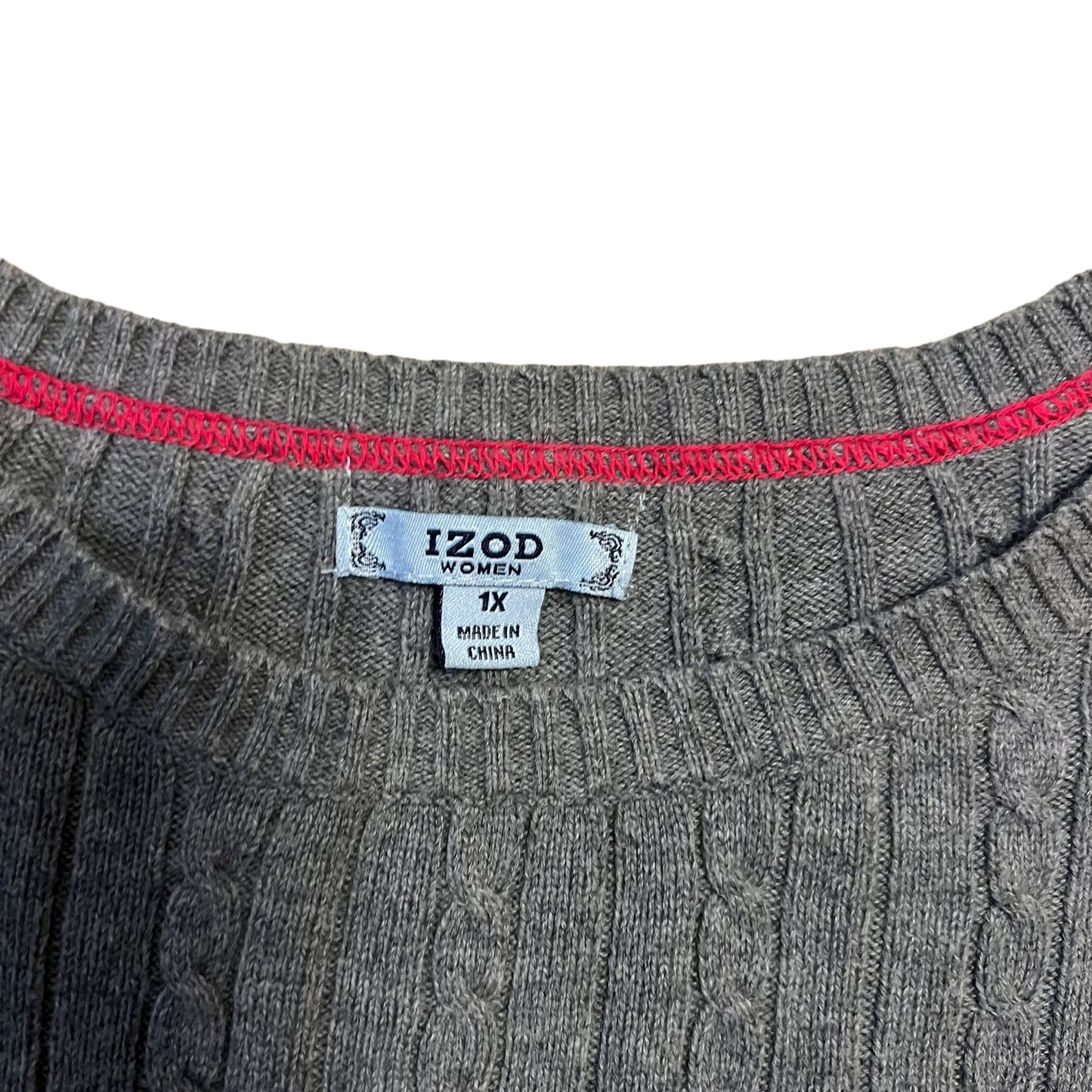 IZOD Women's Cable Knit Sweater 1X Gray Crew Neck Pullover