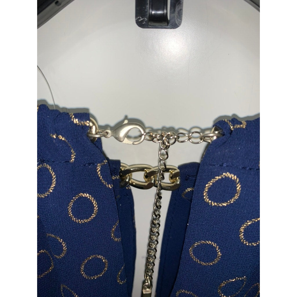 NWT Michael Kors Women's Chain Halter Blouse Large Blue Gold Party