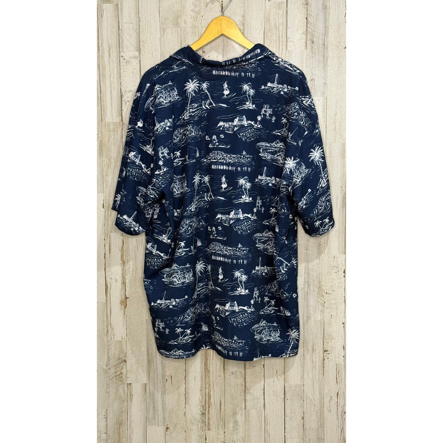 Men's 3XL Hawaiian Shirt Navy Island Print Short Sleeve