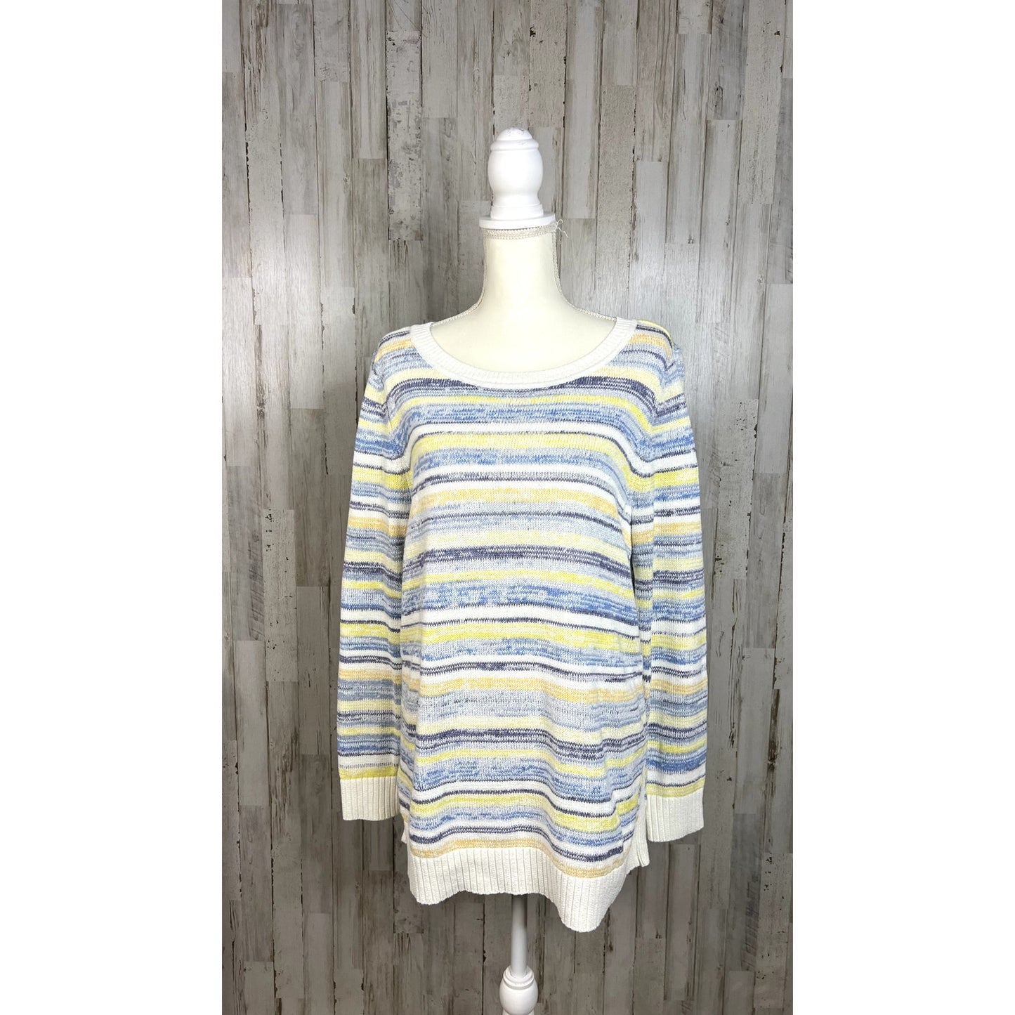 Talbots Large Women's Blue/Yellow Long Sleeve Casual Striped Pullover Sweater