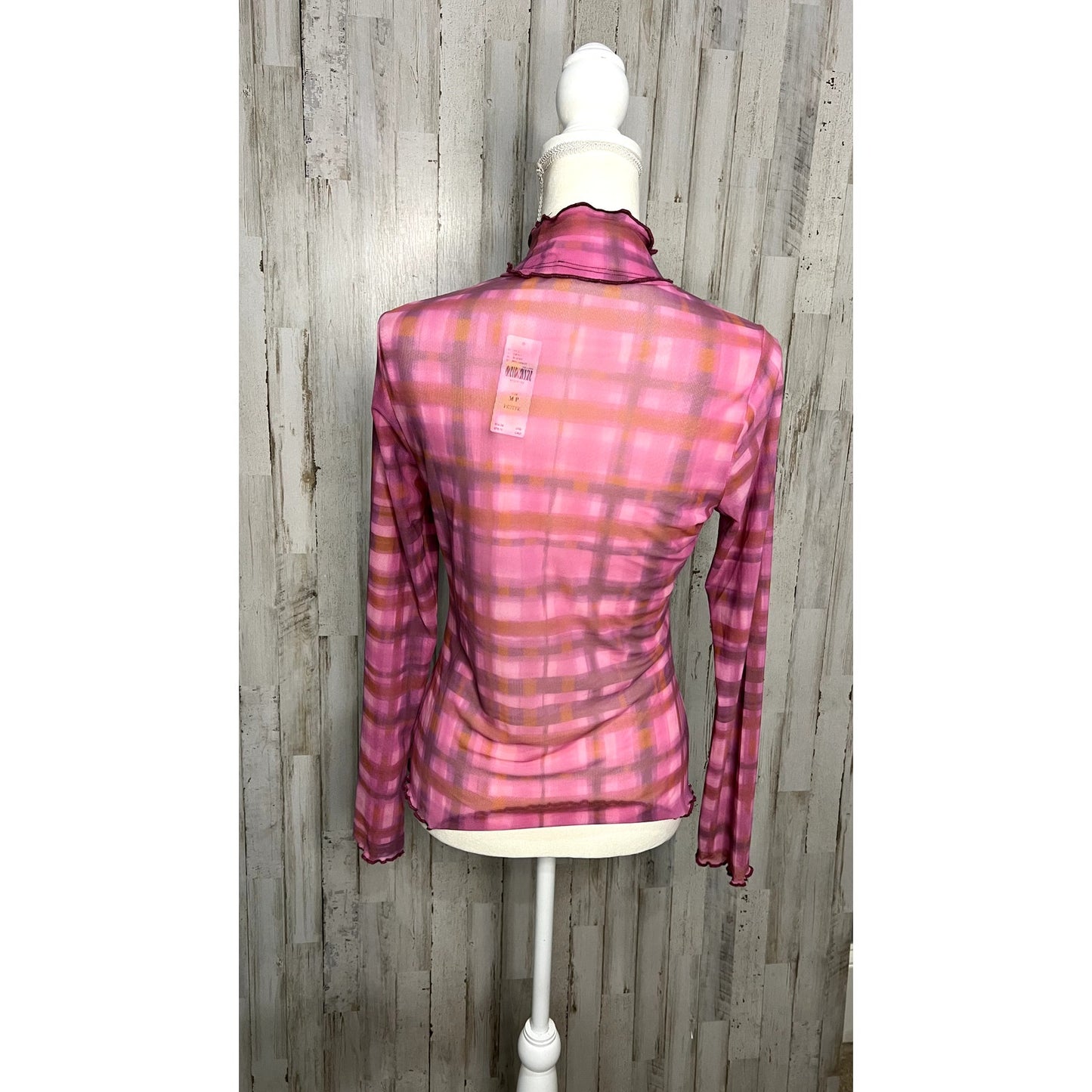 NWT Pilcro Women's Pink Plaid Mesh Turtleneck Top Petites Medium Long Sleeve