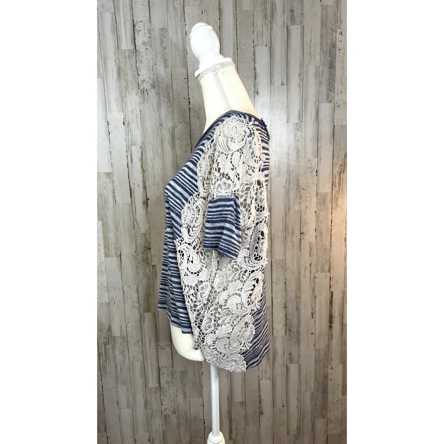 We The Free Women's Size Medium Blue/White Striped Crochet Lace Top