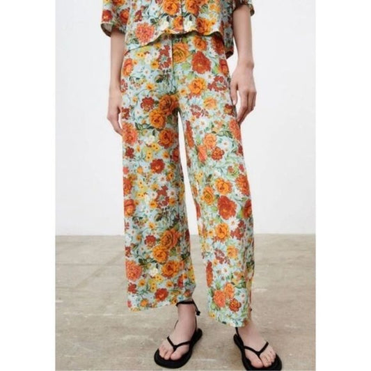 ZARA Women's Small Floral Print Wide-Leg Pants Multicolor Casual Elastic Waist