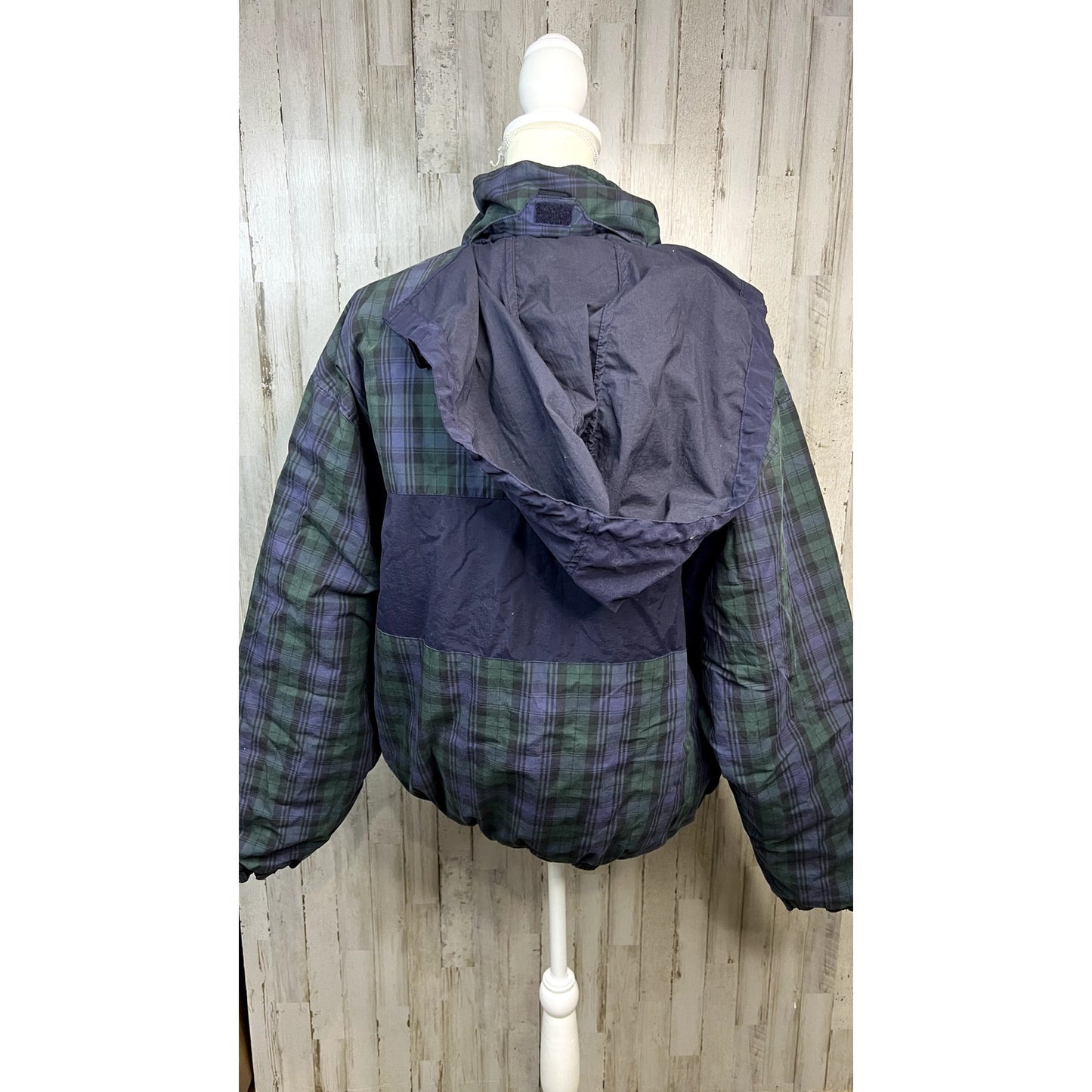 Chaps Ralph Lauren Men's Green Plaid Down Puffer Jacket Large Hooded Winter Coat