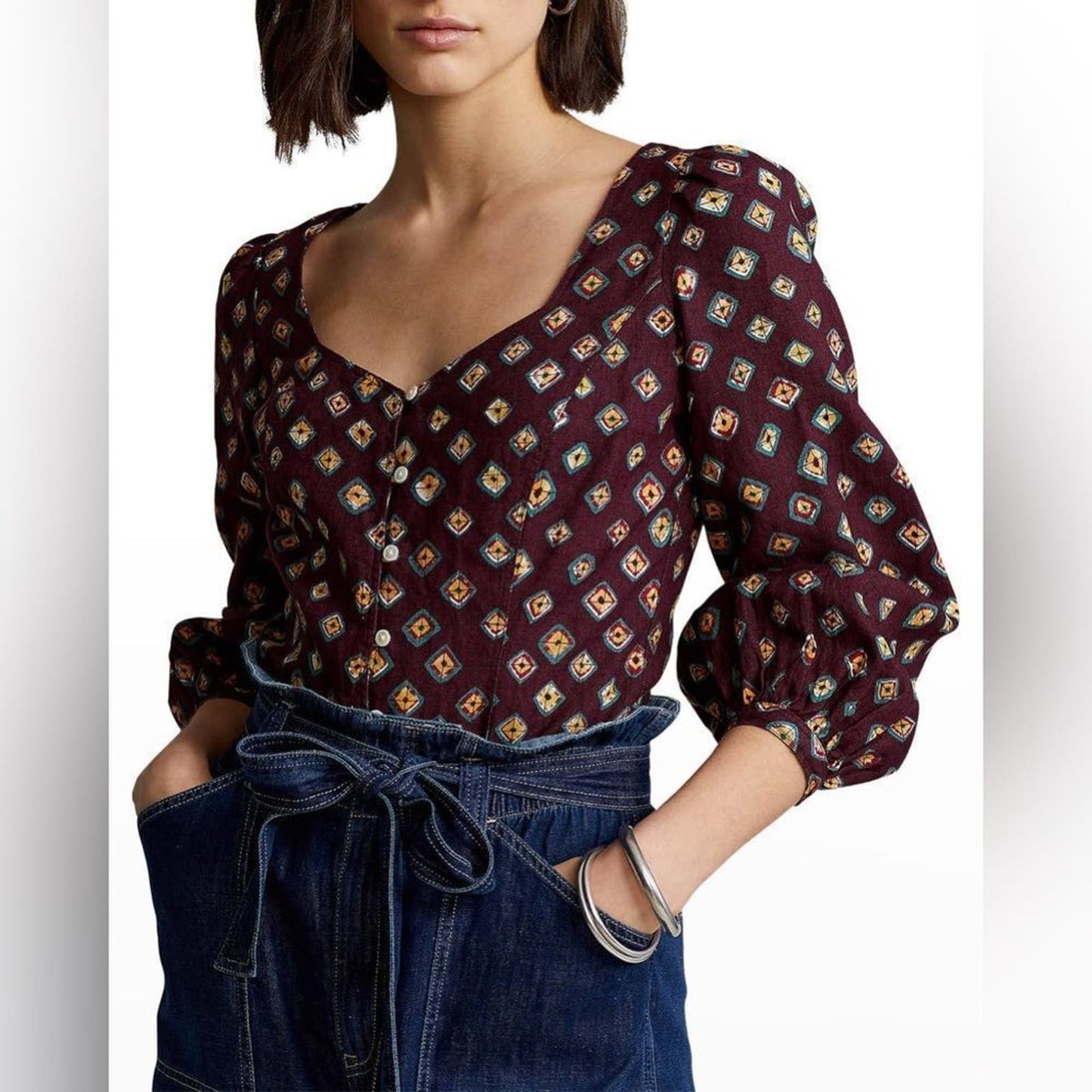 Polo Ralph Lauren Block-Print Linen Button-Front Top Size 12