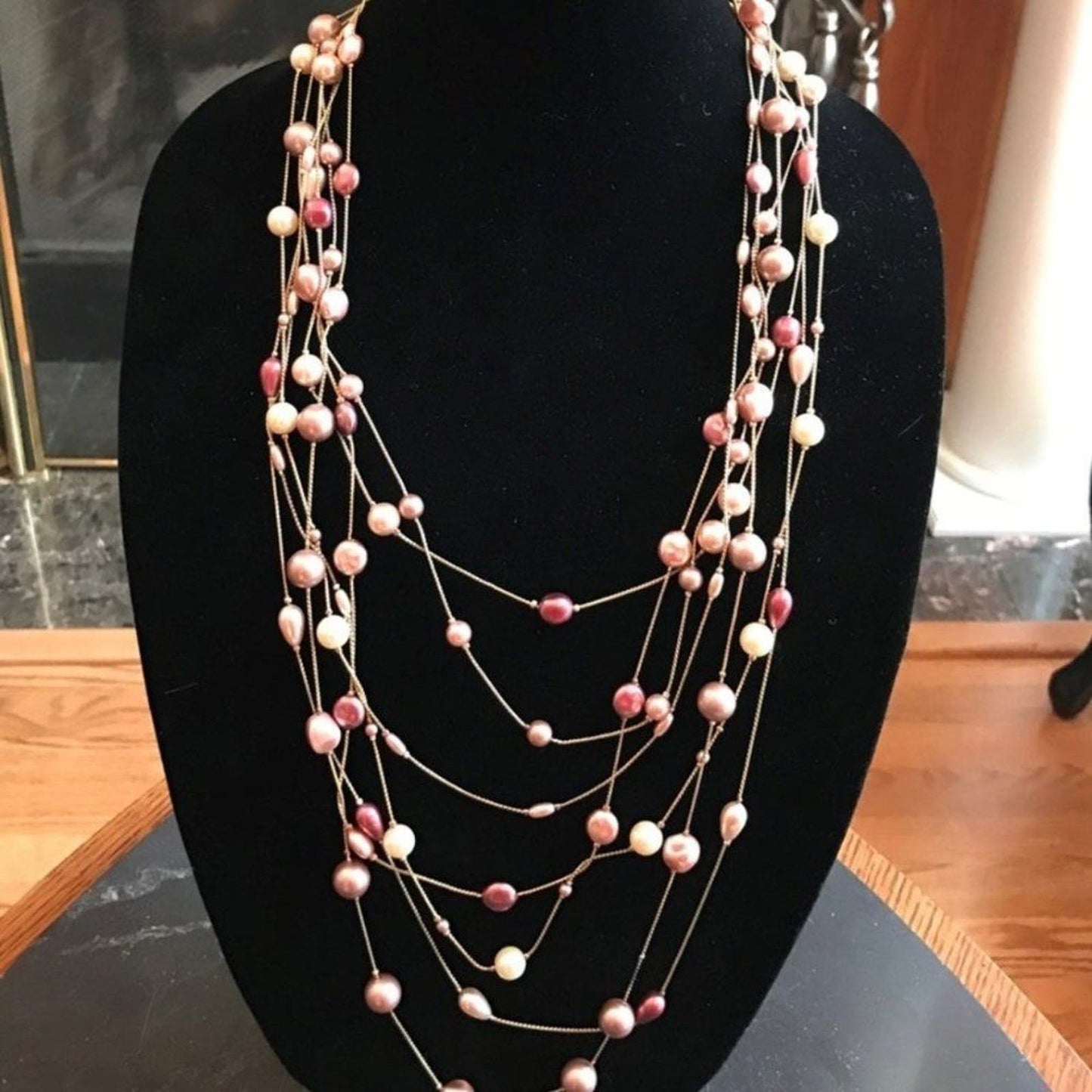 Multi-strand pink/gold/white long necklace 