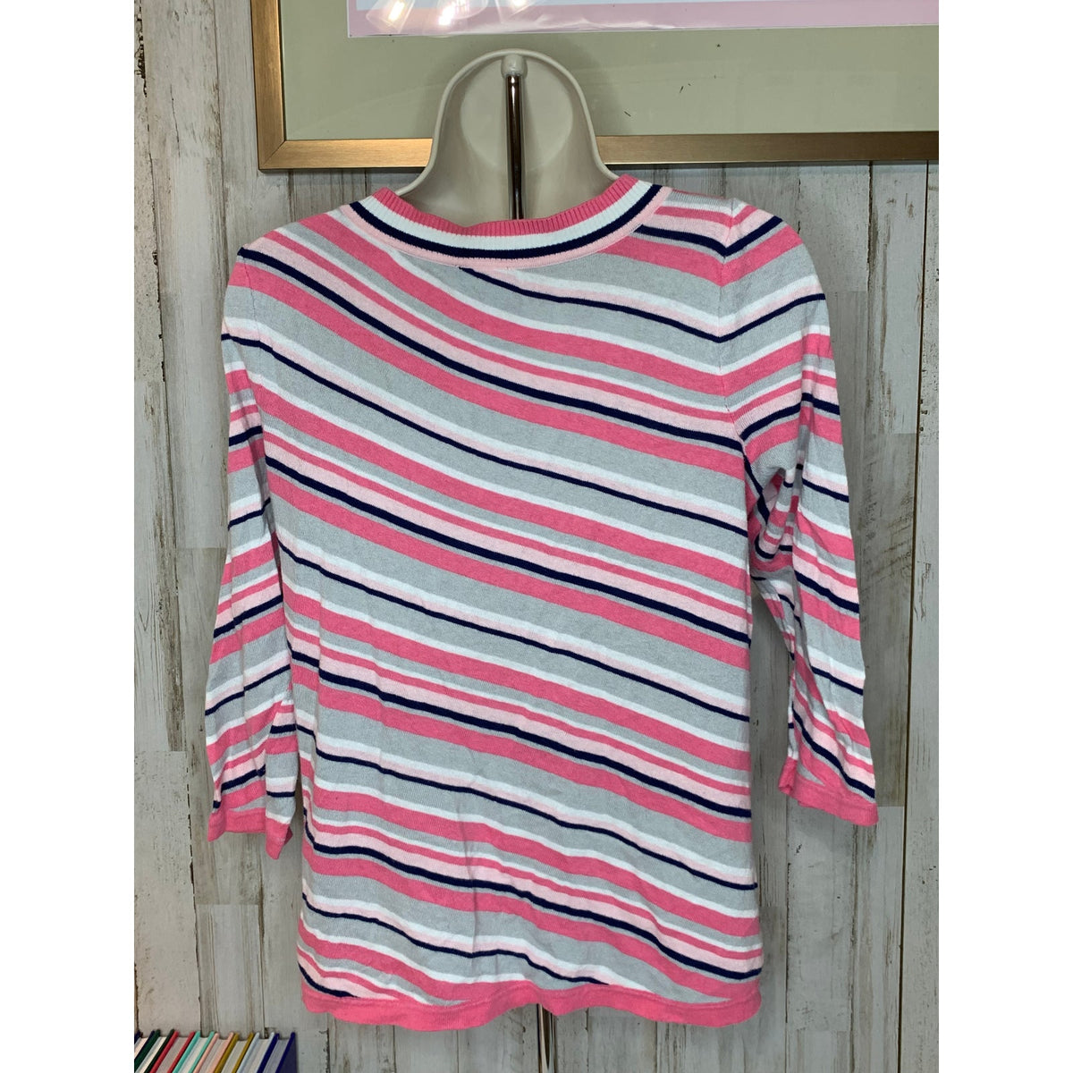 Chico’s Top Womens Extra Small Striped Knit Pullover 3/4 Sleeve Pink Gray Navy