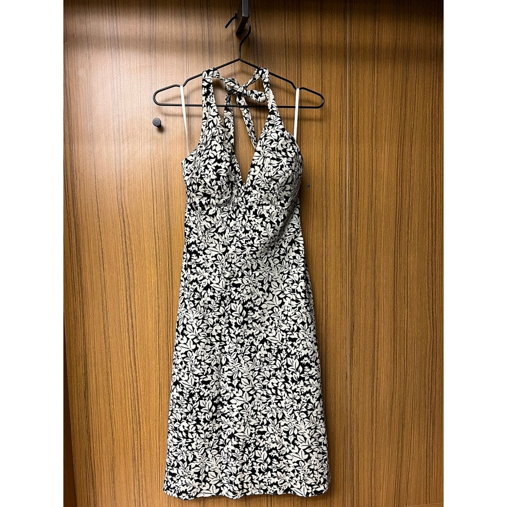 NWT White House Black Market Halter Dress 0 Black & White Leaf Print Knee Length