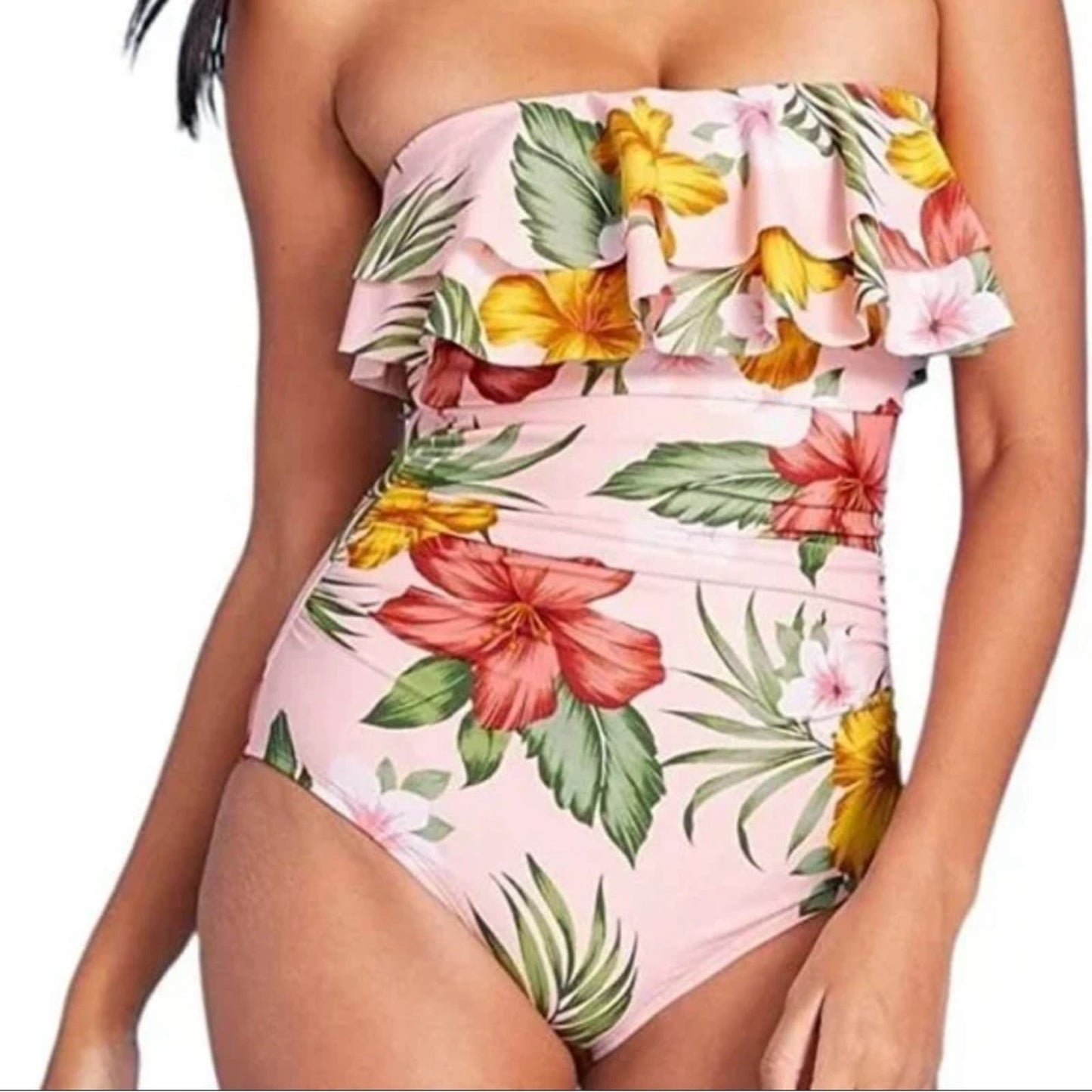 NWT Kona Sol Medium Double Flounce Front High Coverage One Piece Floral Swimsuit