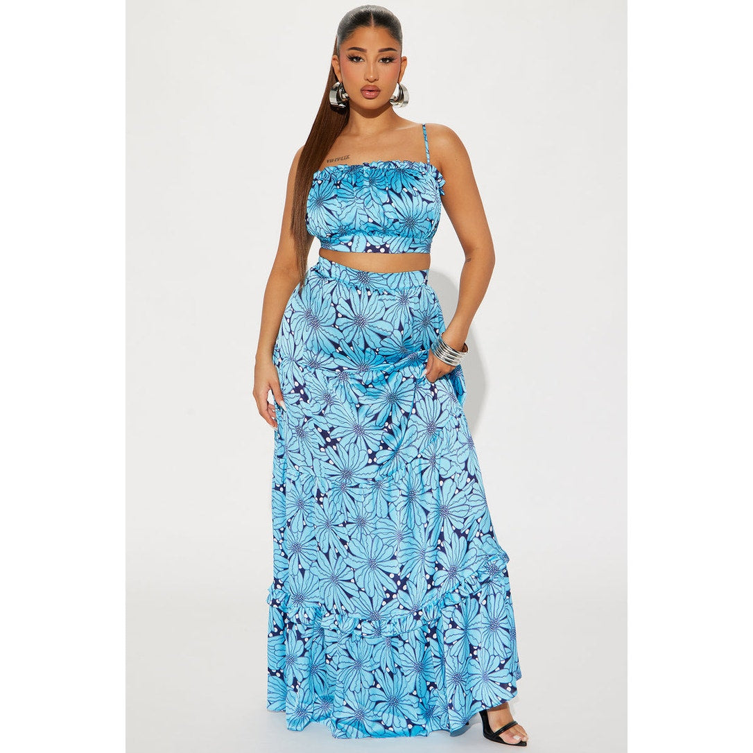 NWT Fashion Nova Women's Small Blue Floral Satin Cami Top & Maxi Skirt Set