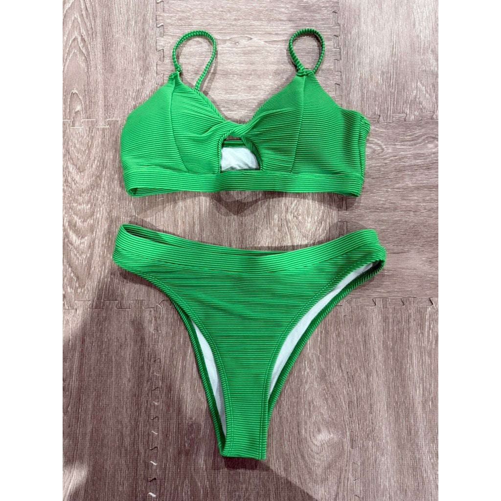Womens Green Ribbed 2-Piece Bikini Set Size XL Triangle Top High-Leg
