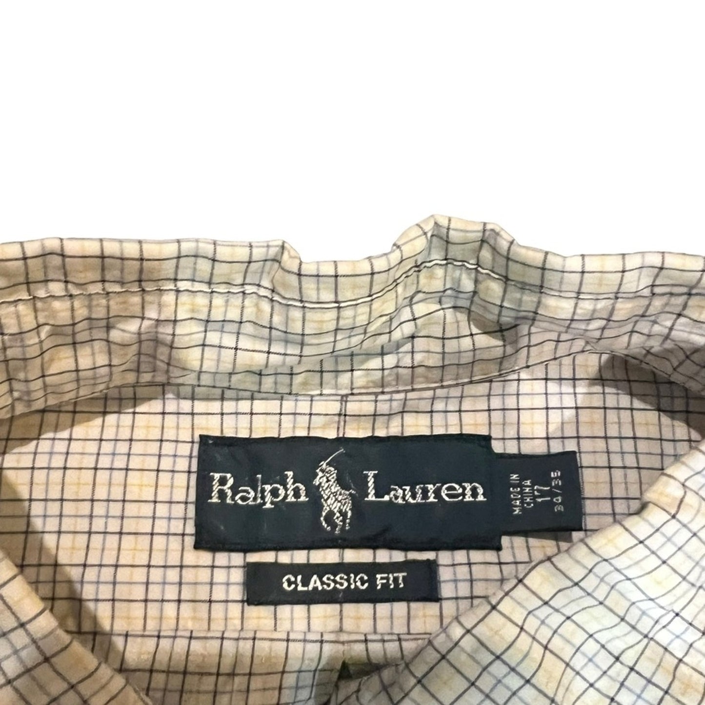 Ralph Lauren Button-Up Shirt Mens Size 17 Beige Check Long Sleeve Pony