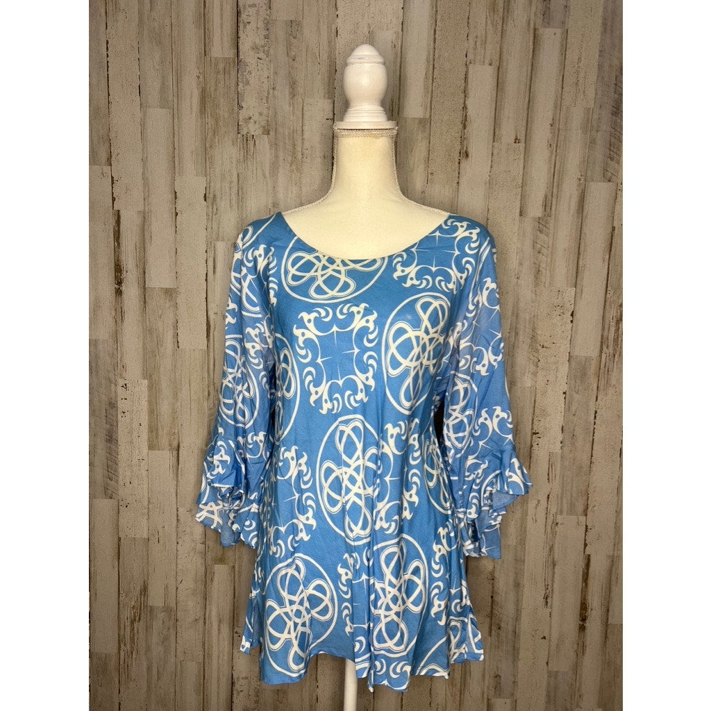 Escapada Women's Large Blue Geometric Print 3/4 Sleeve Tunic Blouse