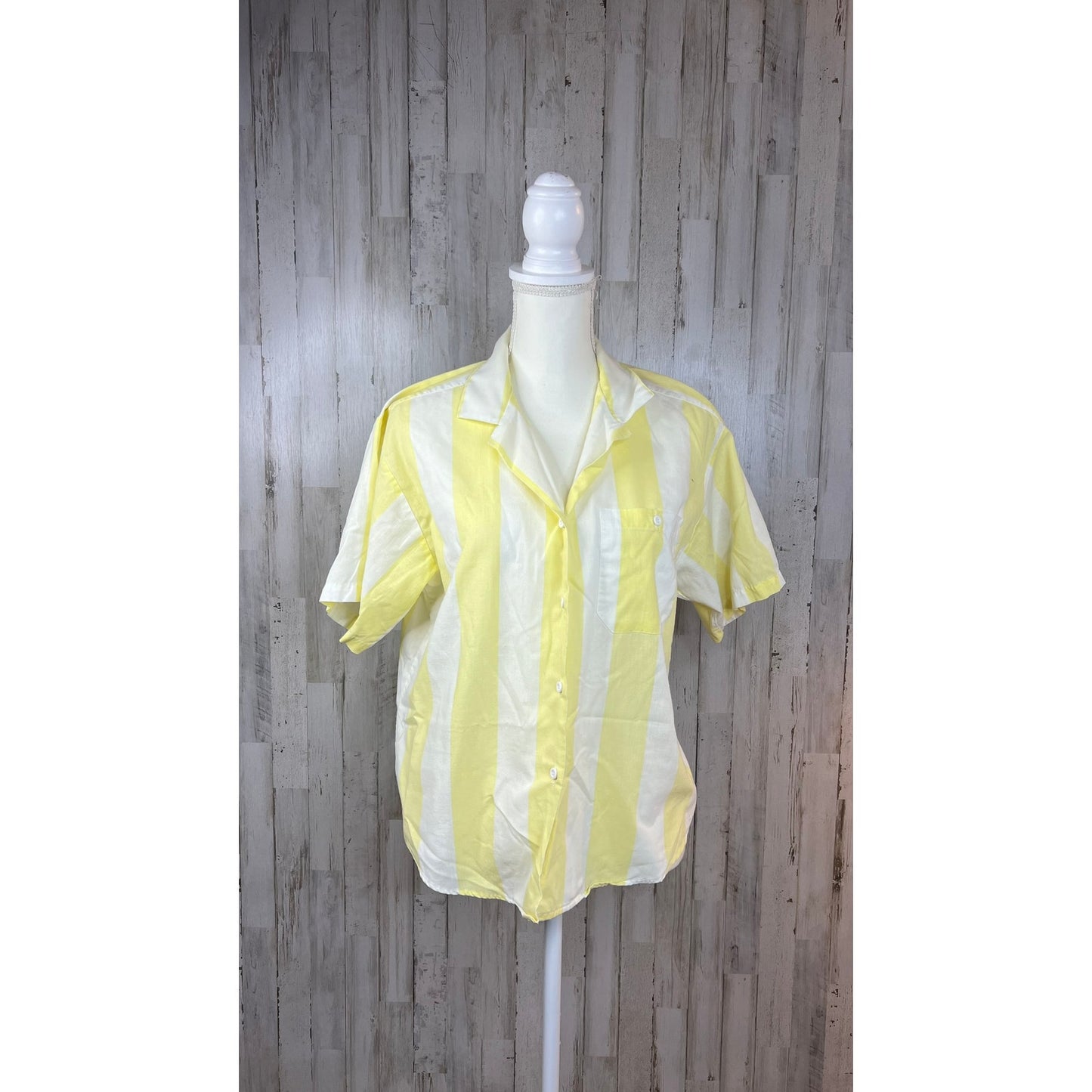 Dunloggin Women's 14 Yellow Striped  Short Sleeve Linen Blend Button-Up Shirt