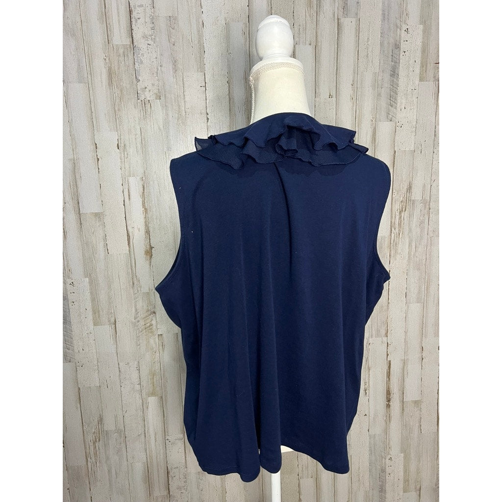 Chaps Women's 3XL Navy Blue Sleeveless Ruffle Collar Blouse Casual