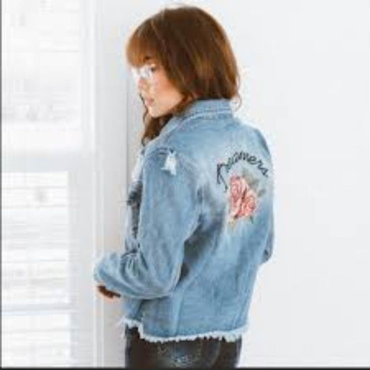 Love Tree Denim Embroidered Dreamers Jean Jacket Distressed Size Large