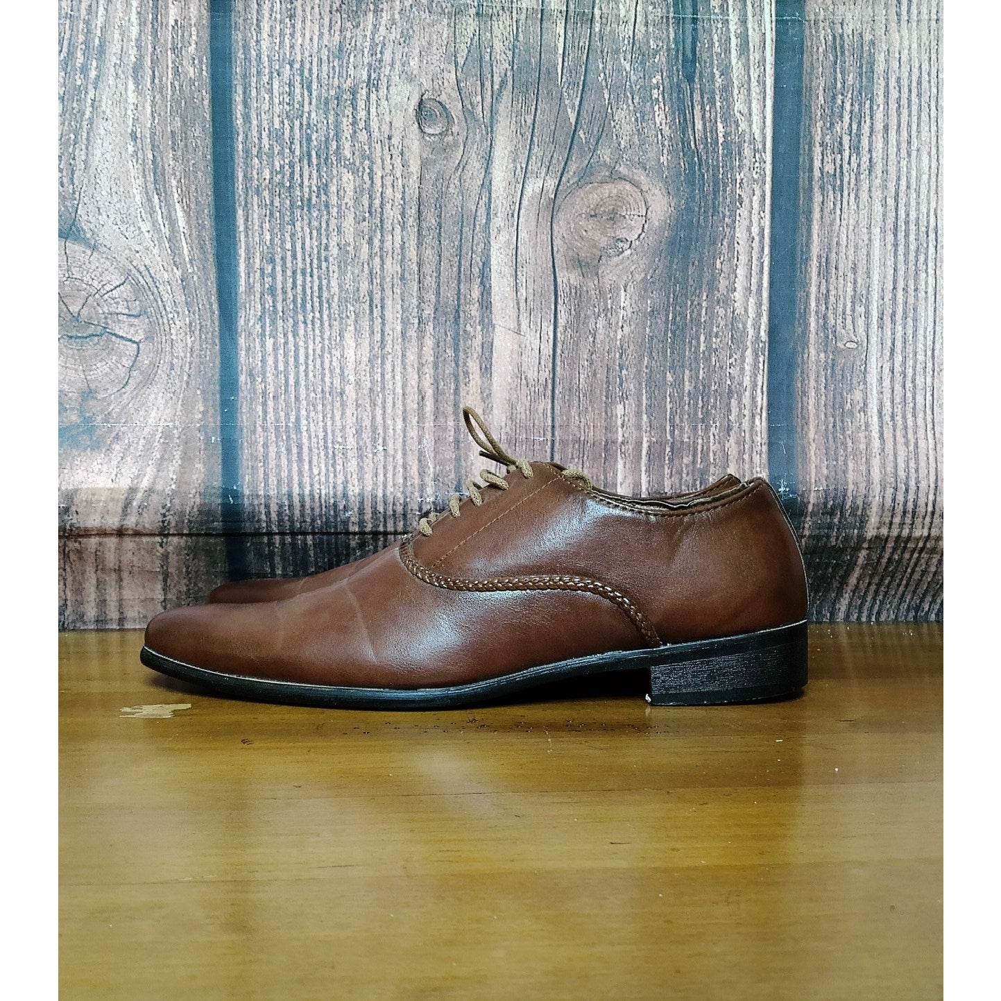 Men's Oxford Dress Shoes Brown Lace Up Braided Trim Almond