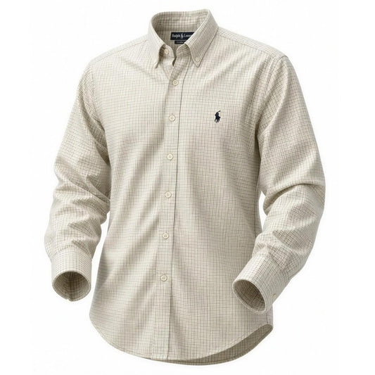 Ralph Lauren Button-Up Shirt Mens Size 17 Beige Check Long Sleeve Pony