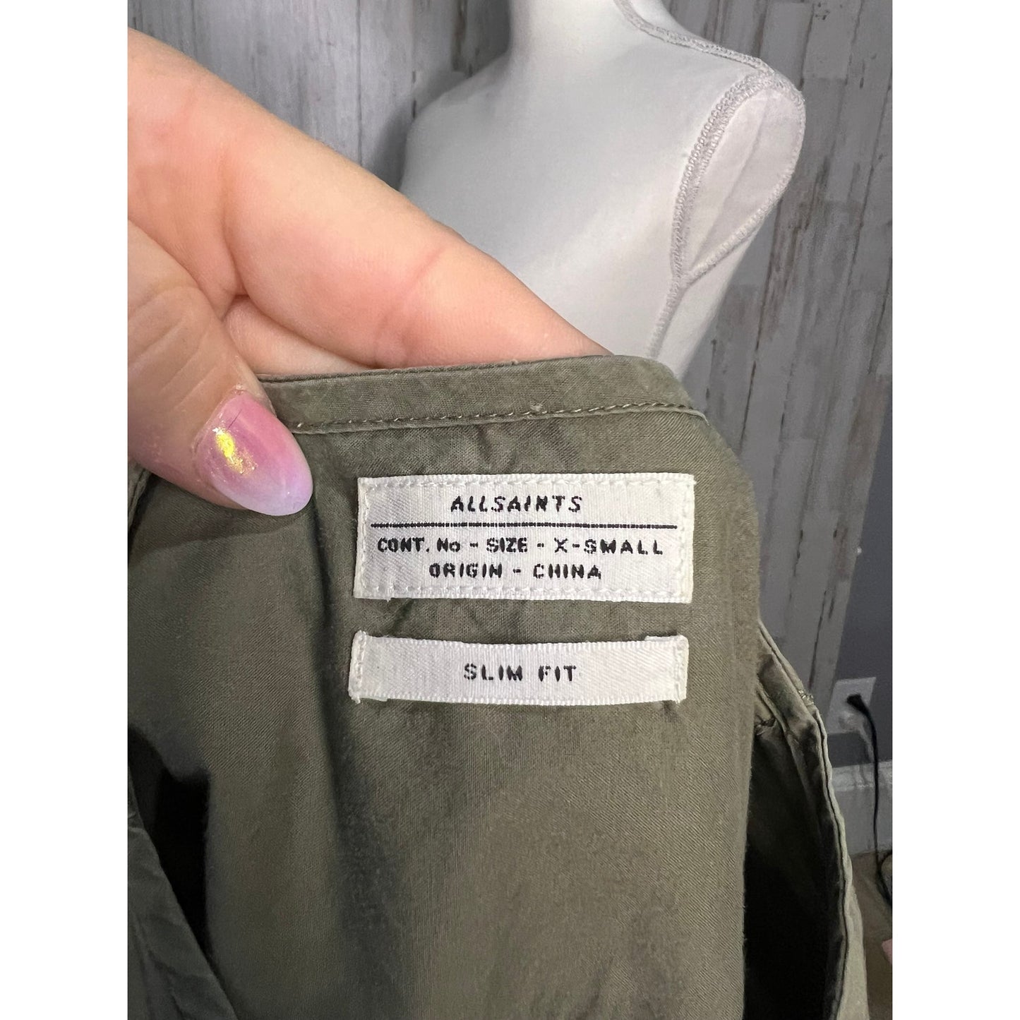 AllSaints Women's XS Slim Fit Button-Up Shirt Olive Green Long Sleeve