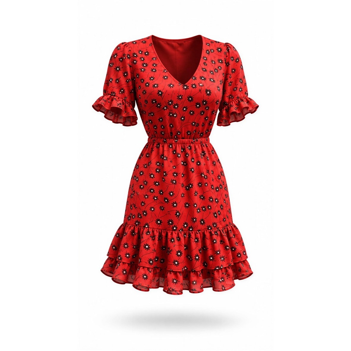Express Dress Womens XS Red Black Floral V-Neck Ruffle Hem