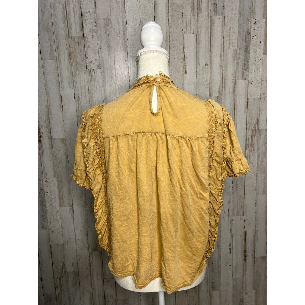 Free People Women's Medium Yellow Orange Ruffle Sleeve Babydoll Blouse Casual