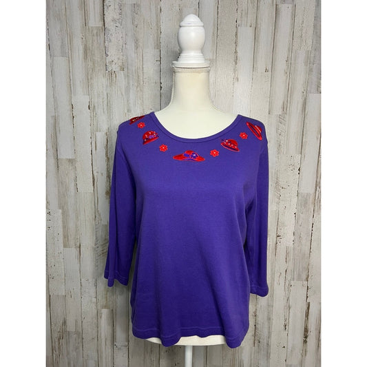 P.G.B Women's Large Purple Red Hat Embellishments 3/4 Sleeve Shirt