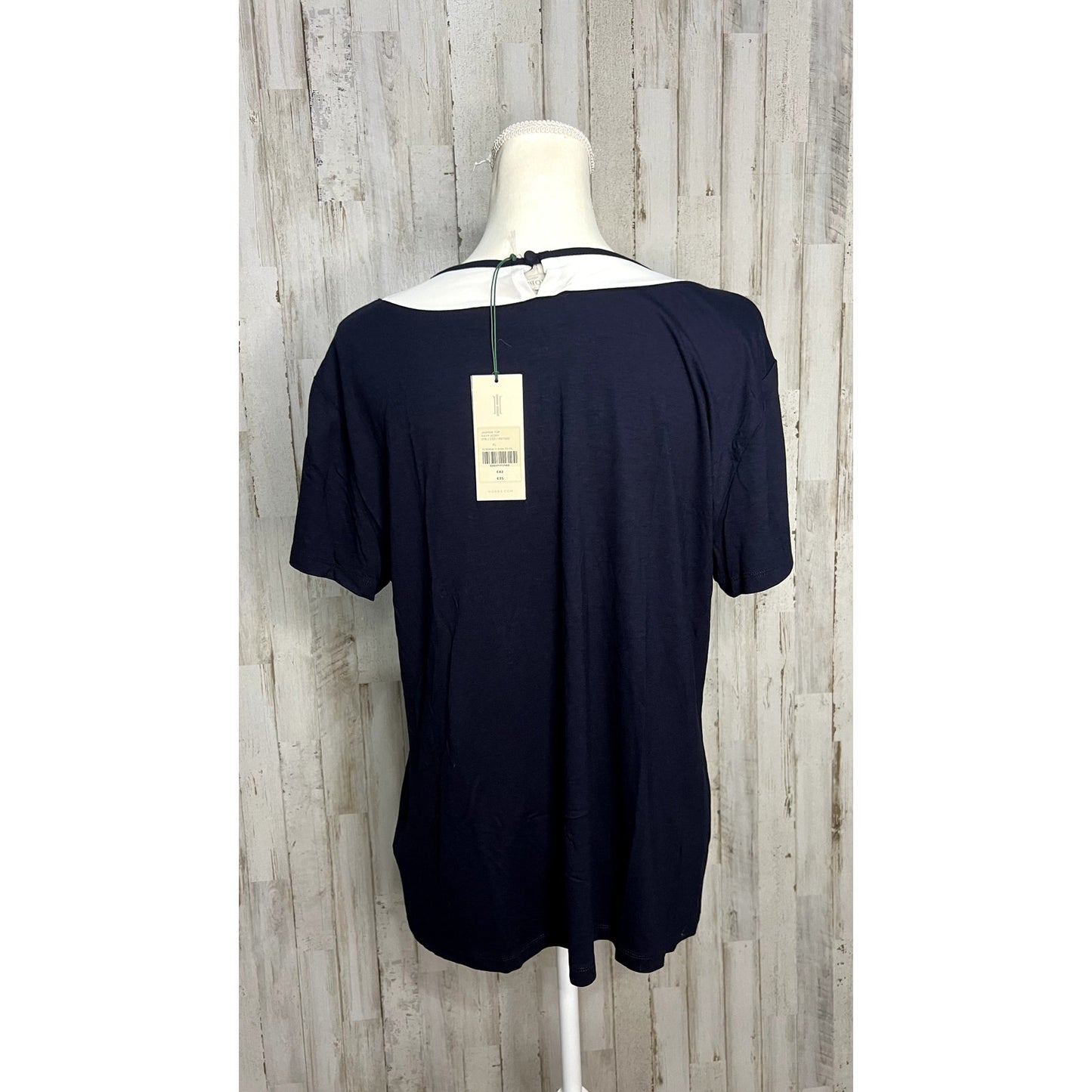 NWT Hobbs London Women's XL Navy Blue Short Sleeve Blouse with White Collar