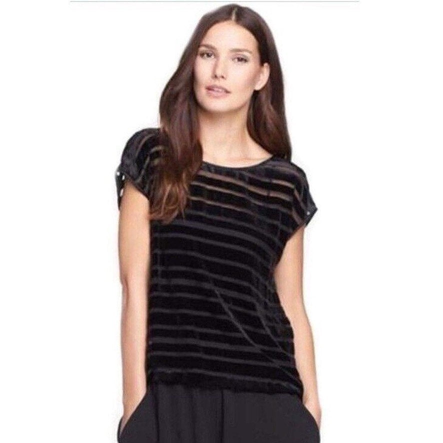 Eileen Fisher Women's Black Velvet Burnout Stripe Cap Sleeve Blouse Medium