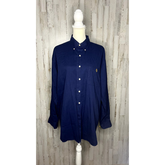 Vintage Lauren Ralph Lauren Men's Large Navy Blue Long Sleeve Button-Up Shirt