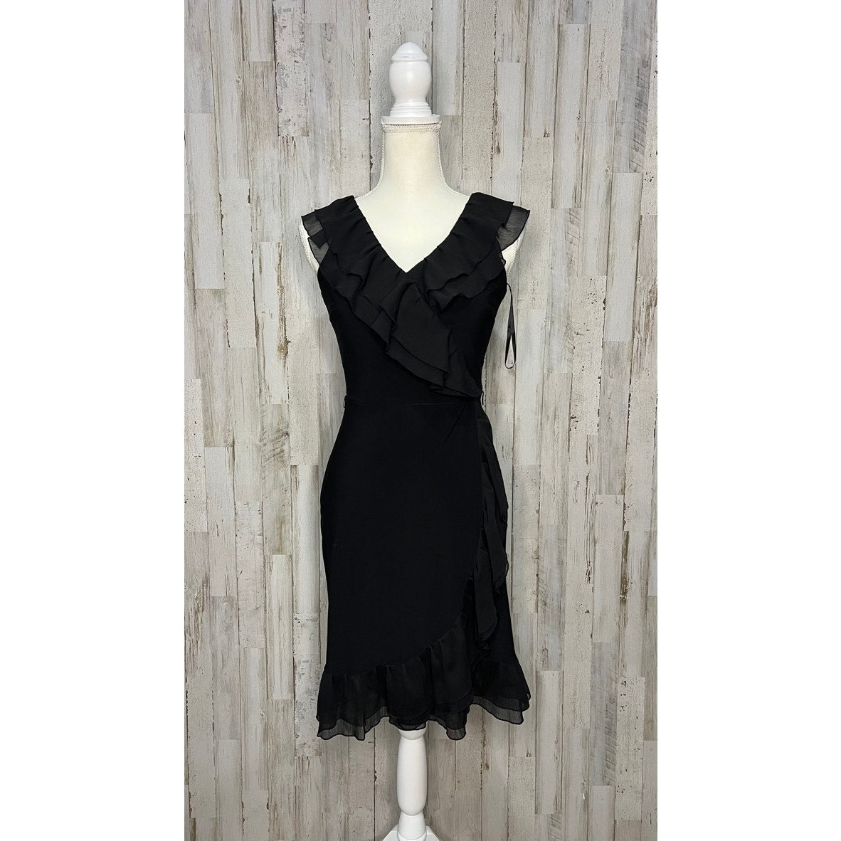 White House Black Market Women's 00 Black Ruffle Faux Wrap Dress Knee Length