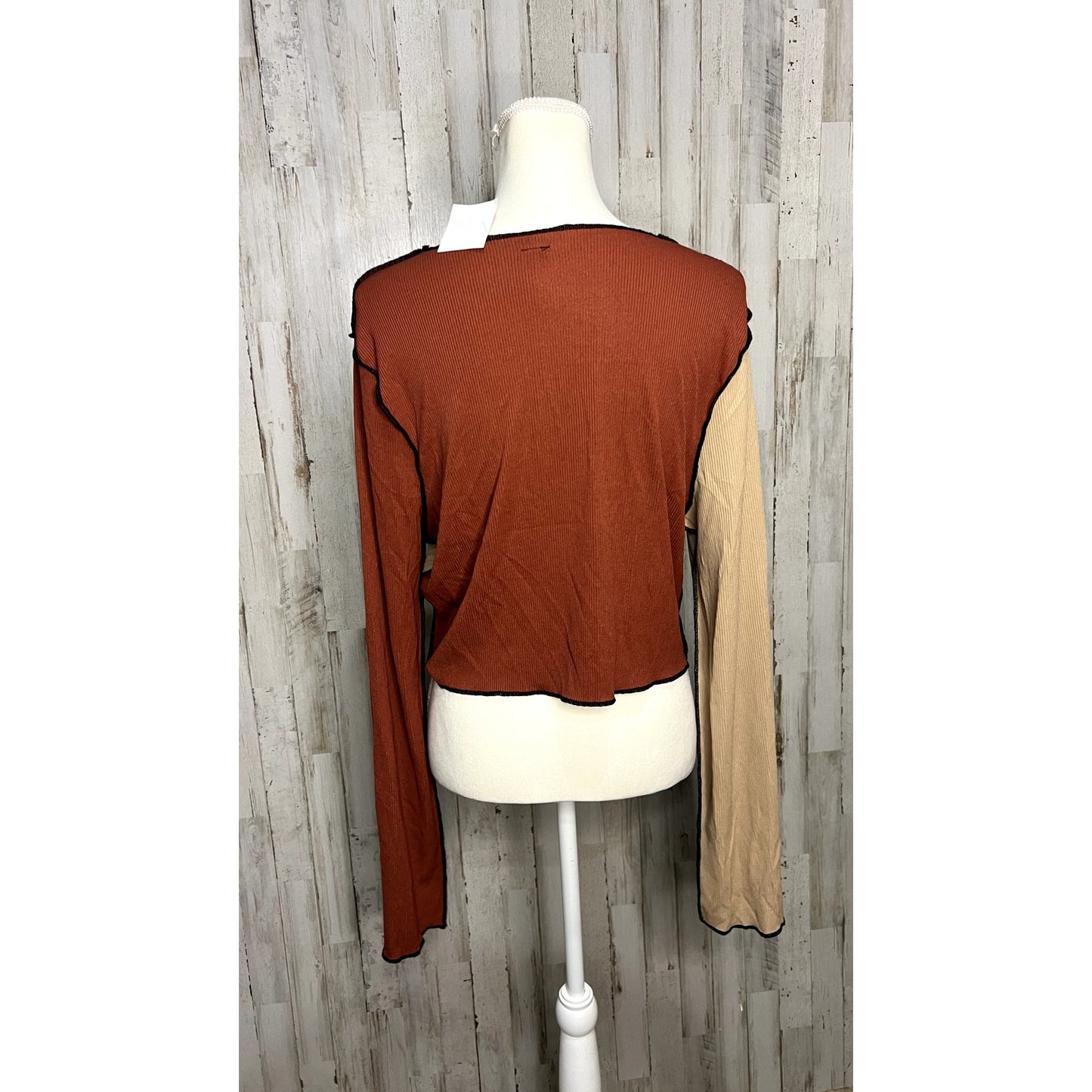 NWT GIBIU USA Women's 3XL Colorblock Long Sleeve Crop Top Brown Tan Casual