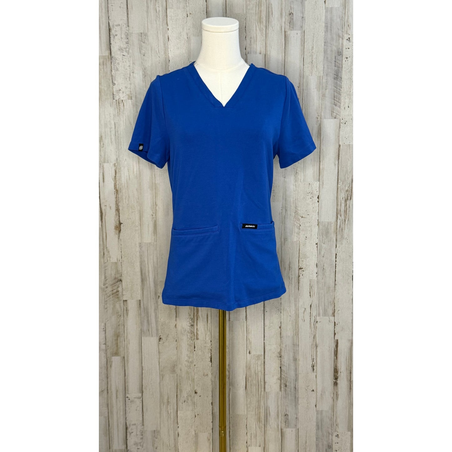 Jaanuu Women's Small V-Neck Blue Scrub Top Short Sleeve Workwear
