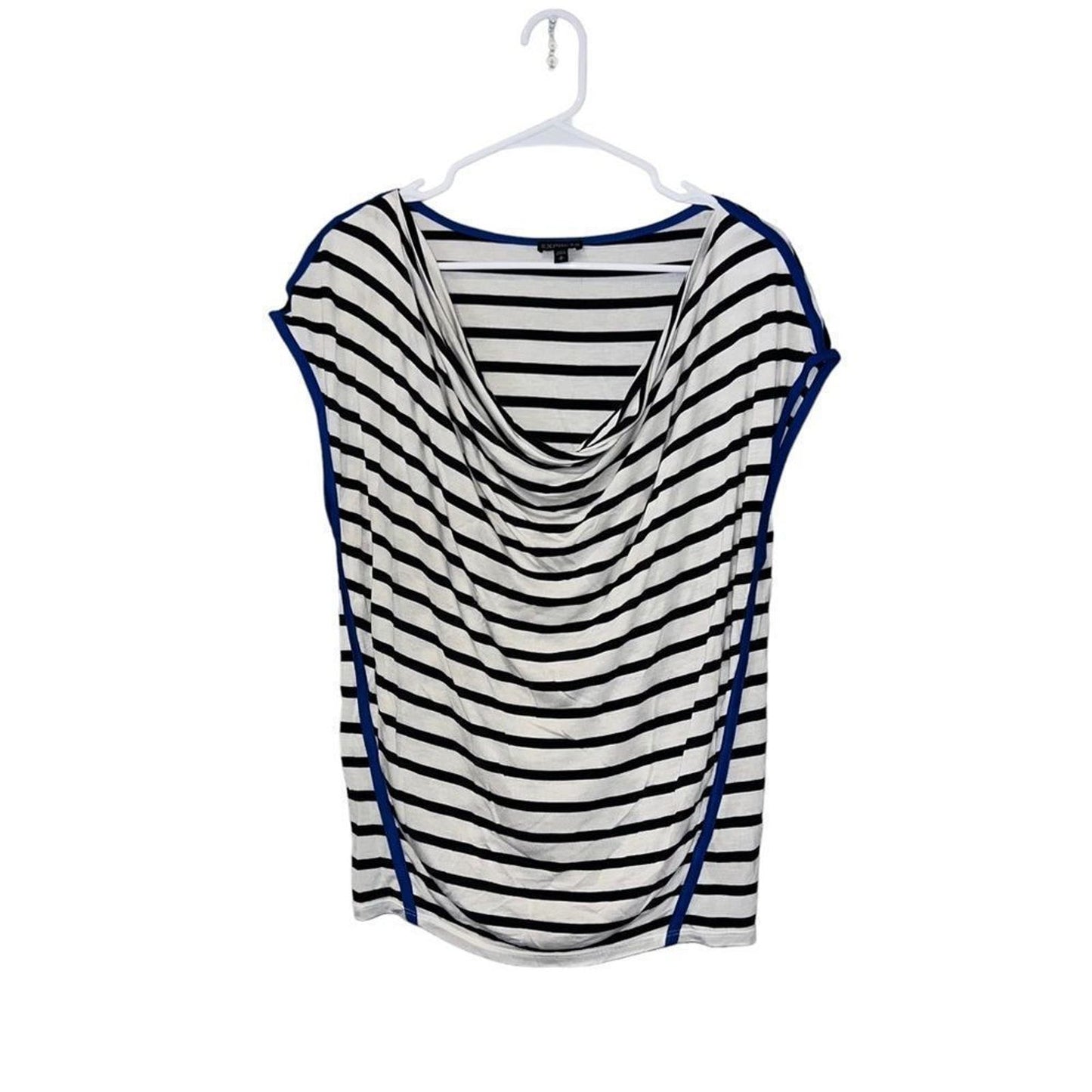 Express Black White Blue Striped Draped Neck Dolman Sleeve Blouse Shirt Top Med