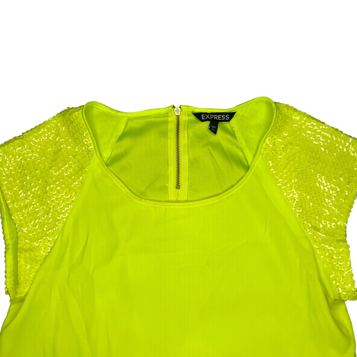 Express Women's XS Neon Yellow Sequin Sleeve Kimono Cap Short Sleeve Blouse Top