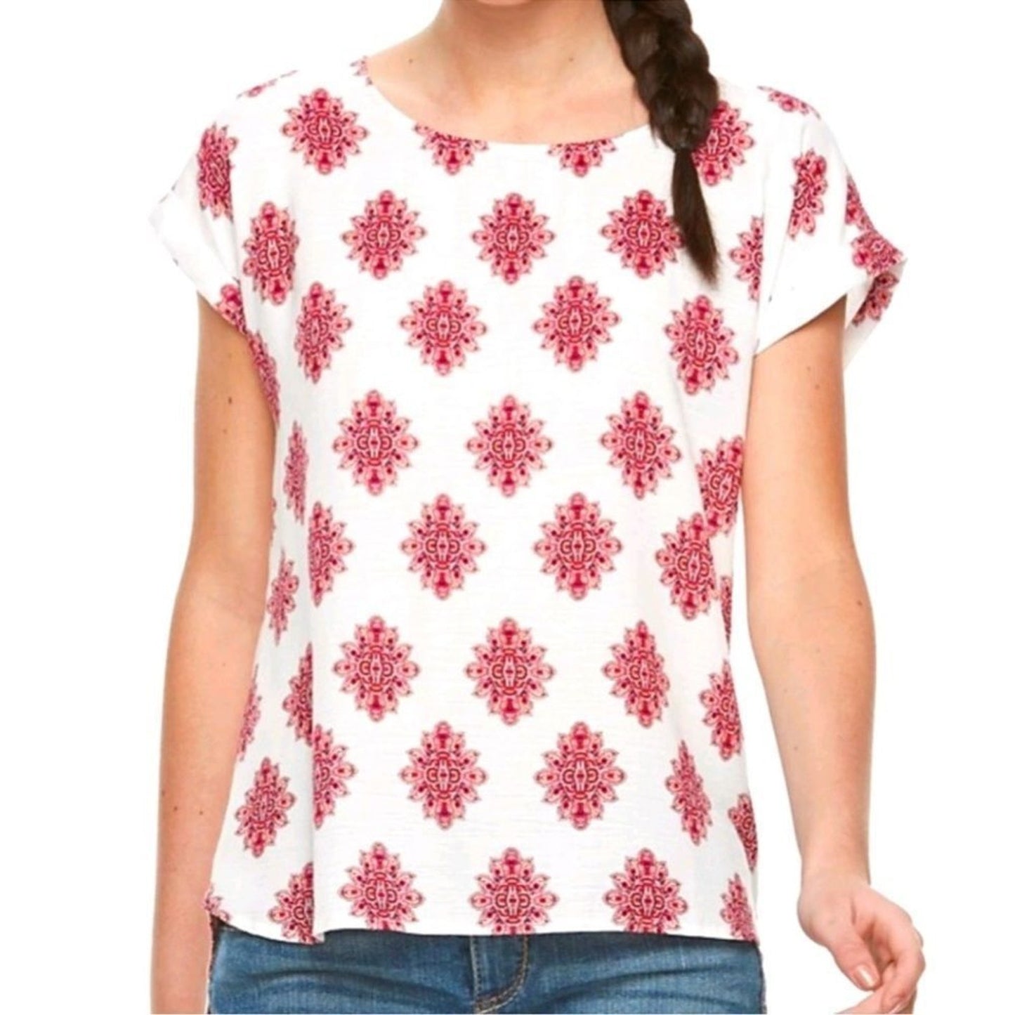 Pink Republic Blouse Womens XL White Red Medallion Print Hi-Low Back Zip
