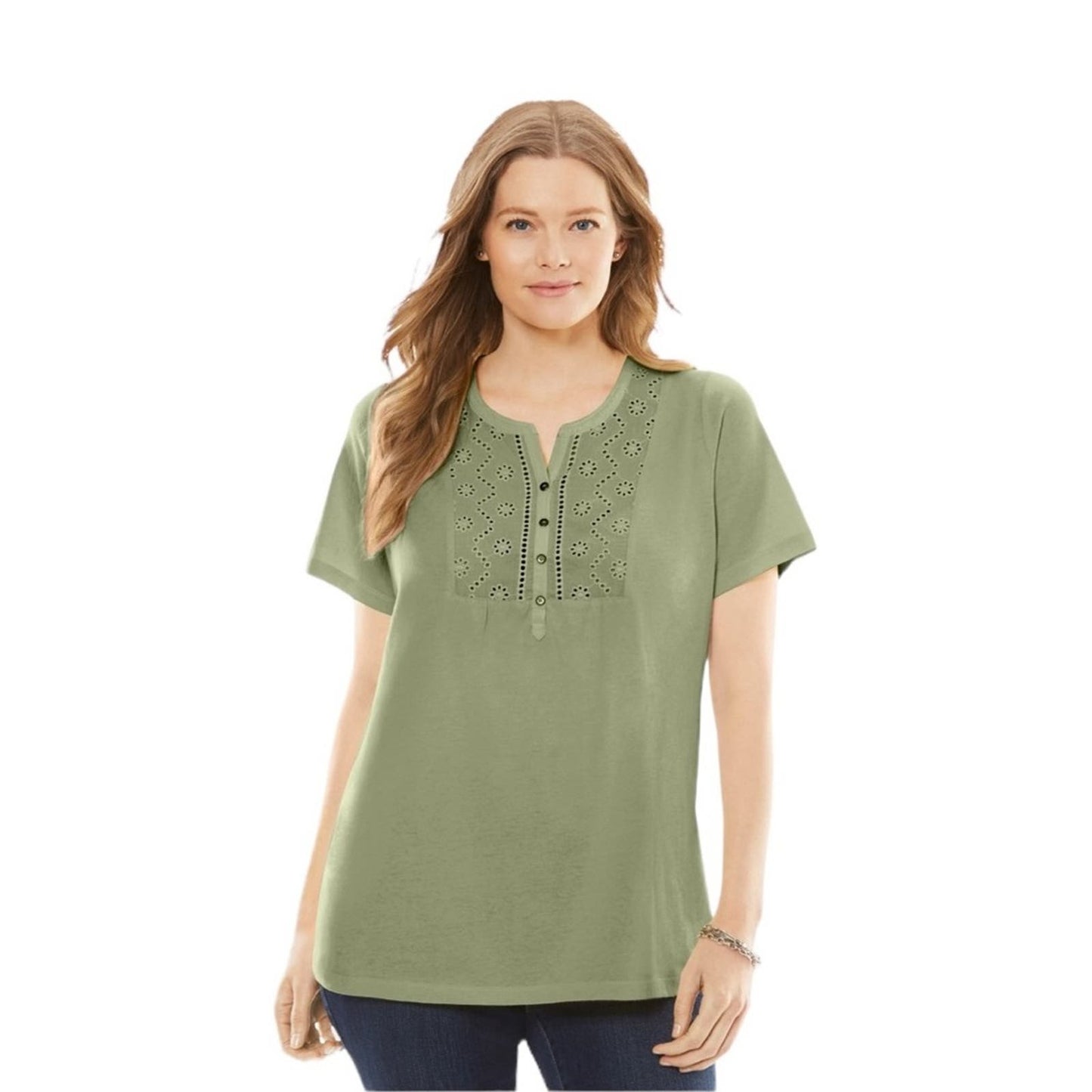 Woman Within Women's Lime Green Eyelet Henley Tee Shirt Women’s Size 1X