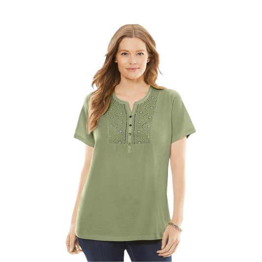 Woman Within Women's Lime Green Eyelet Henley Tee Shirt Women’s Size 1X