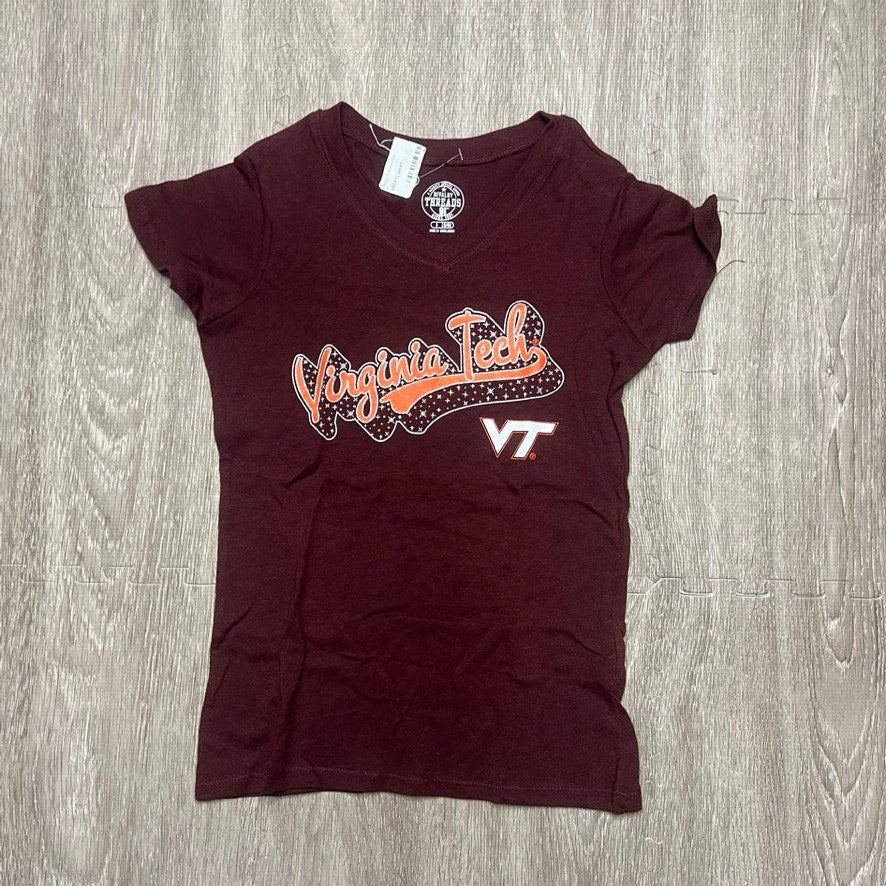 NWT Virginia Tech Hokies Girls' V-Neck Puff Glitter T-Shirt Red Size Small