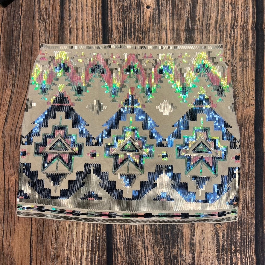 NWT Express Women's Size Small Aurora Borealis Sequin Aztec Lined Mini Skirt